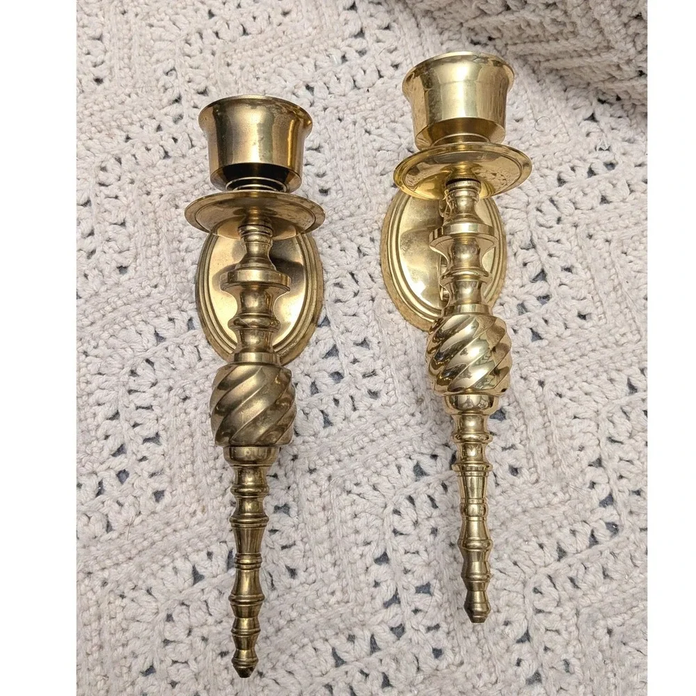 Vintage Solid Brass Wall Sconce Candle Holders Spiral Twist Ornate Gold 9.5